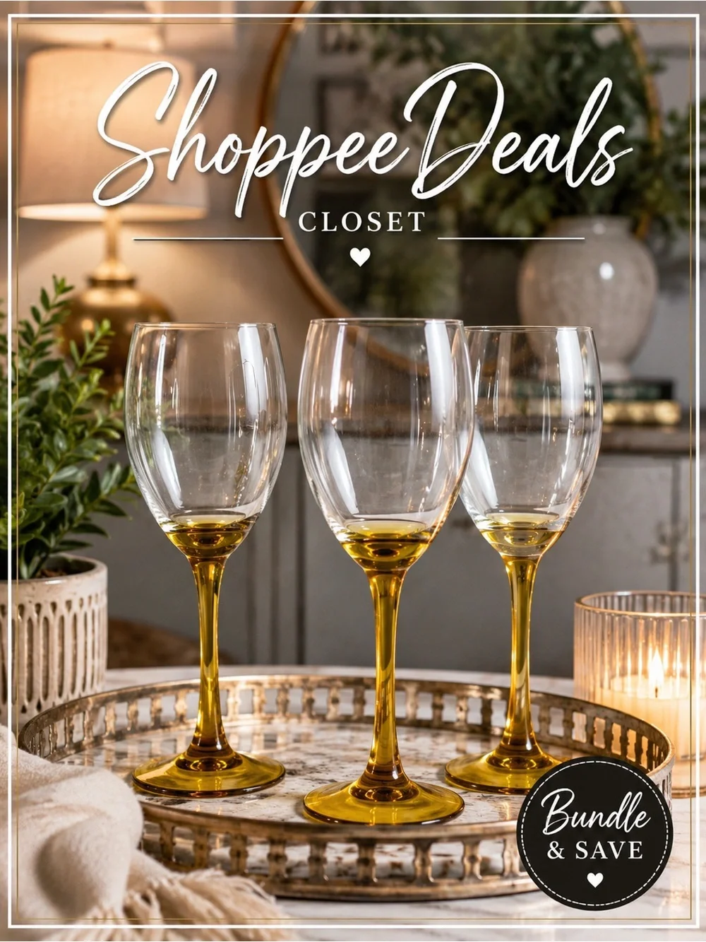 Vintage Handmade Eastern Wine Glasses Set of 3 Amber Stem Clear Glass